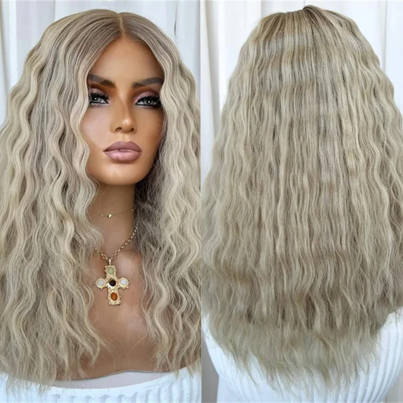 

High Density Wig Free Part Ombre Icy Ash Blonde Balayage Luxury Synthetic Lace Front Wig High Quality Wig Soft Water Wave Wig