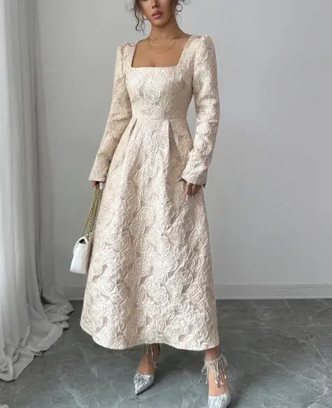 

2025 Autumn/Winter New Women's Fashion Elegant Style Square Neck Long Sleeve A-line Long Skirt Women's Wear