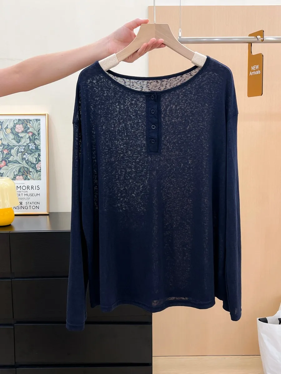

Thin Knit Long Sleeve Women T-Shirt Korean Round Neck Buttons Sunscreen Blouse Woman Sexy See Through Y2K Tees Tops New
