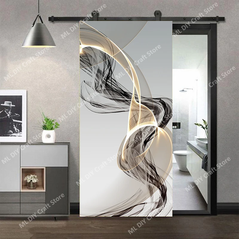 

Modern Light Luxury Bathroom Door Stickers Abstract Line Wall Art Mural PVC Whole Door Wrap Cover Renovation Home Decorations