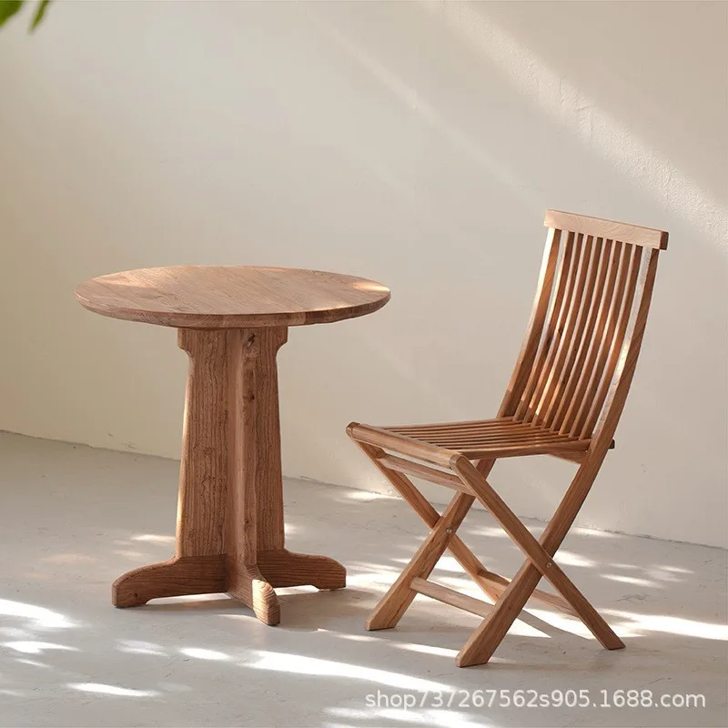 中国の古い楡材のコーヒーチェア、自宅のバルコニー、ホームステイ、ヴィラ、レジャーダイニングテーブルチェア、侘び寂びスタイルの折りたたみ椅子