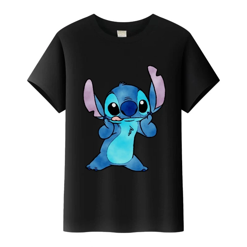 Ropa Unisex negra para mujer, Tops con gráficos de dibujos animados de Disney Stitch, blusas para hombre, ropa de calle Y2k, camisetas para niños, camiseta familiar de talla grande, regalo