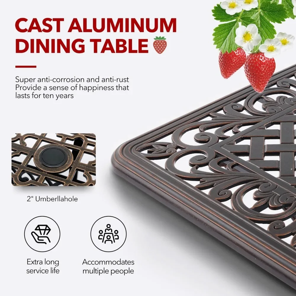 7 Piece Strawberry Outdoor Dining Set Cast Aluminum Retro Patio Dining Set for 6 includes  Rectangular Table and 6 Chairs with