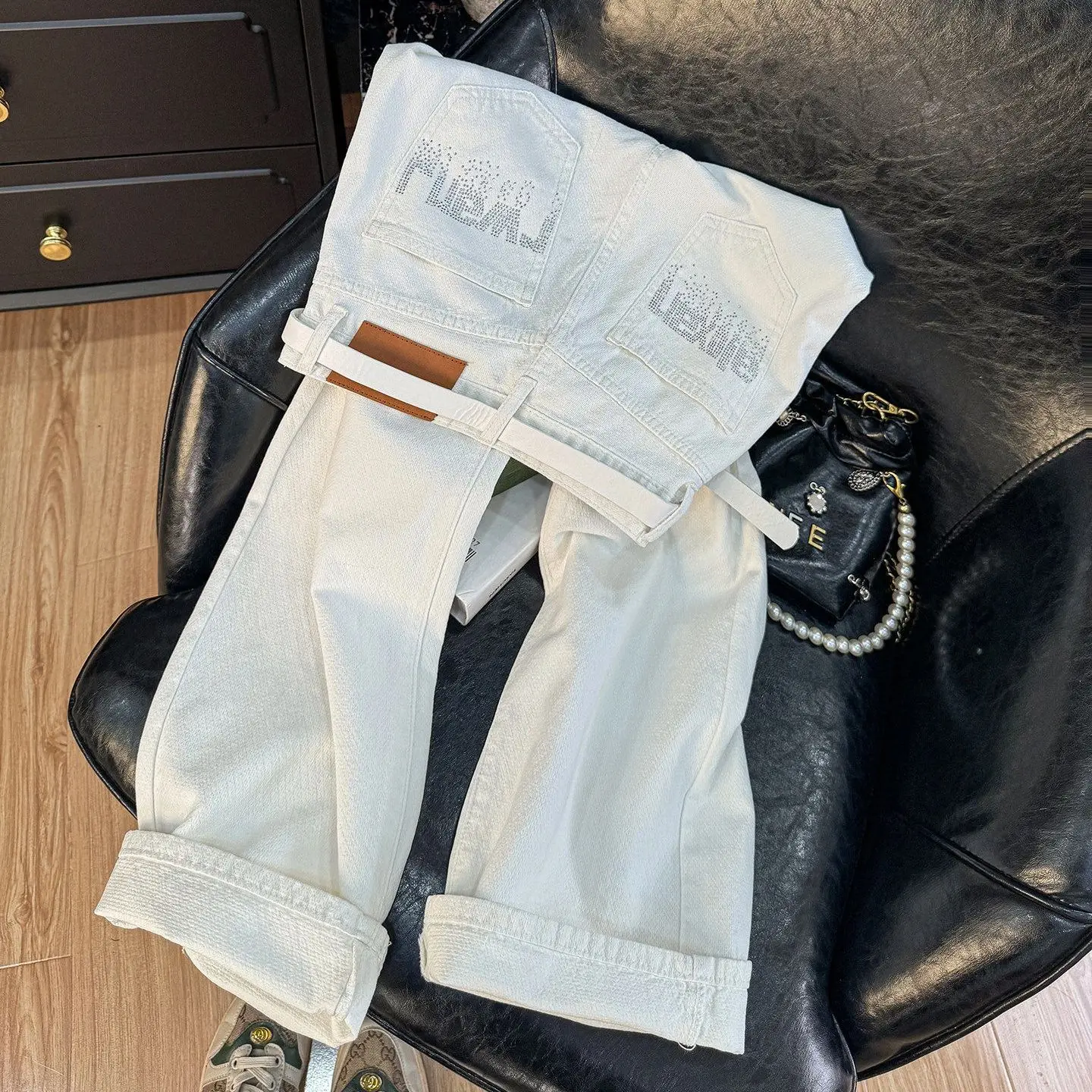 Women White High Waist Letter Rhinestone Pocket Jeans Spring Autumn Loose Draped Straight Pants Commuter Wide Leg Denim Trousers