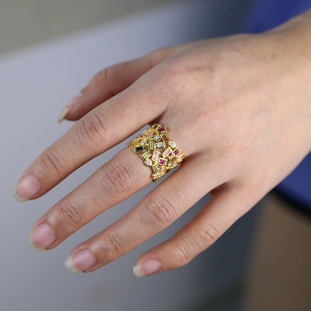 Anillos de dedo de cara ancha de circonia cúbica multiforma geométrica para mujer ajuste de bisel piedra colorida Color chapado en oro para fiesta