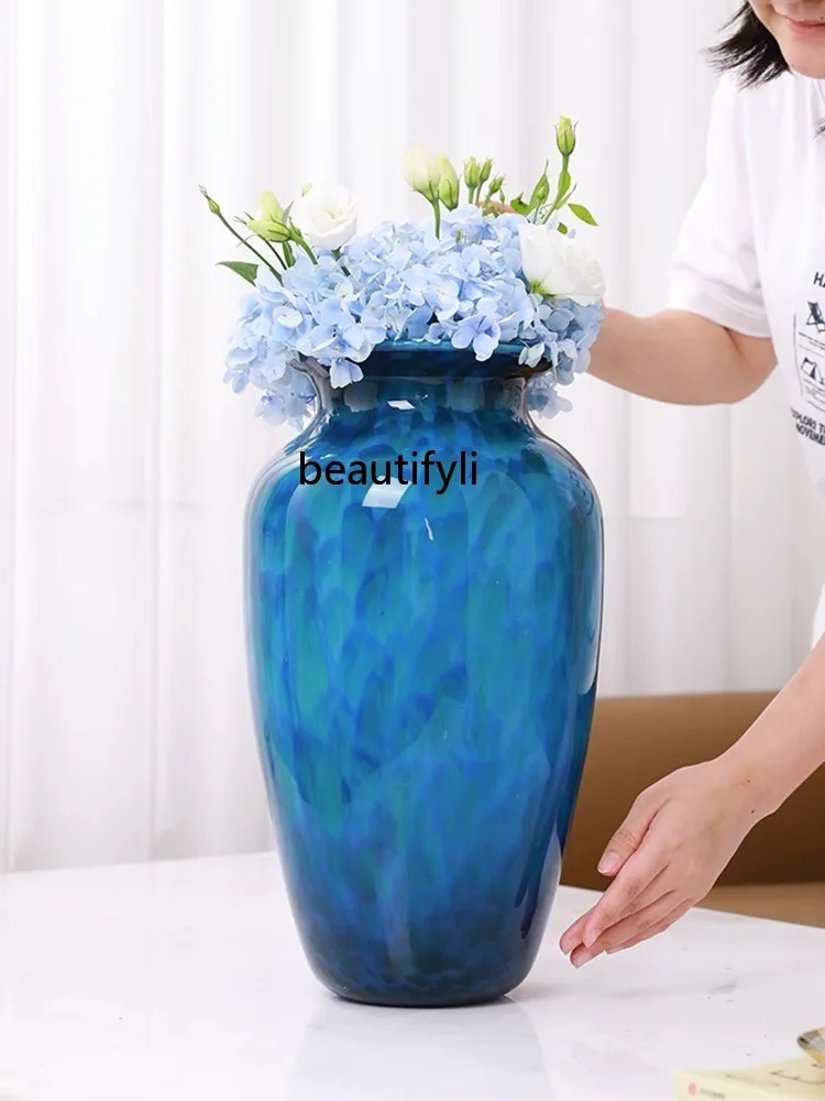 Glass Ceramic Glass Floor Vase Blue Large Vase Decoration Living Room Flower Arrangement