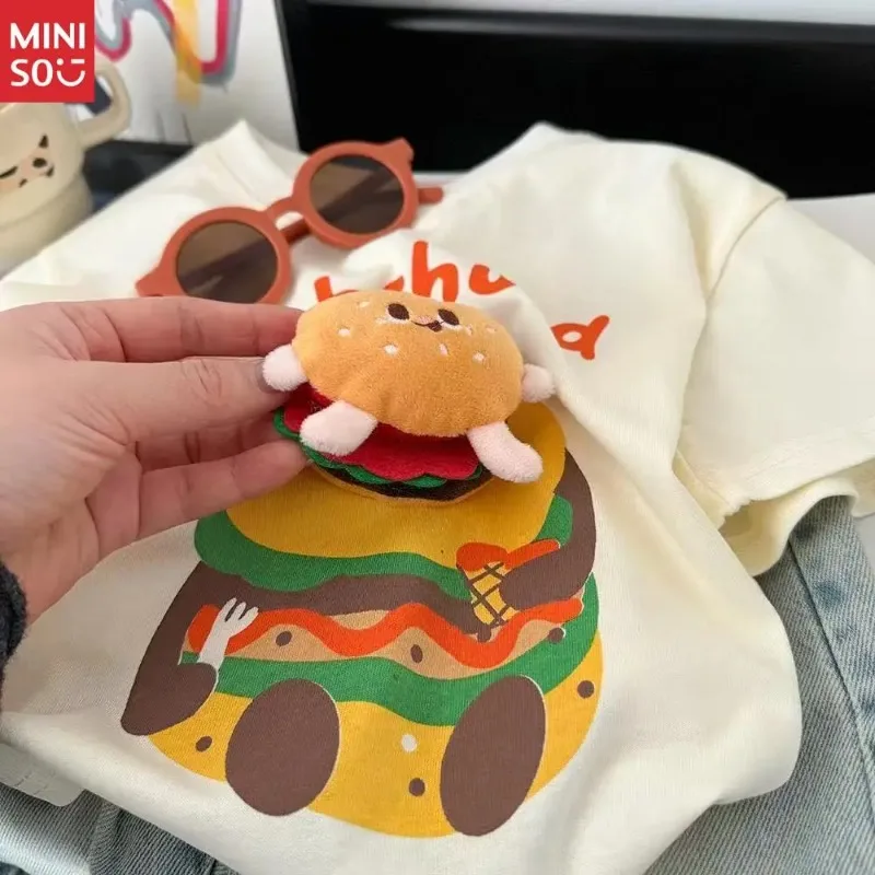 

Miniso Kids 3D Plush Short Sleeve T-Shirt Summer 2025 New Loose Korean Style Cartoon Top Half Sleeve Base Layer