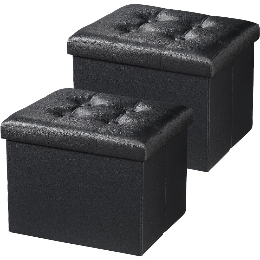 

2PC Storage Ottoman Folding Foot Rest Stool,17 inch Leather Footstool Bench,Short Ottoman Bench,Records Support 330 lbs, Black