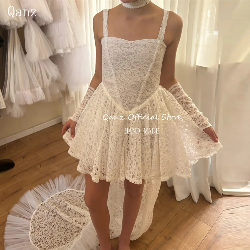 

Qanz Bohemian Mini Wedding Dresses Short A line Lace Appliques Bridal Dress Spaghetti Straps Corset Robe De Mariee Customized