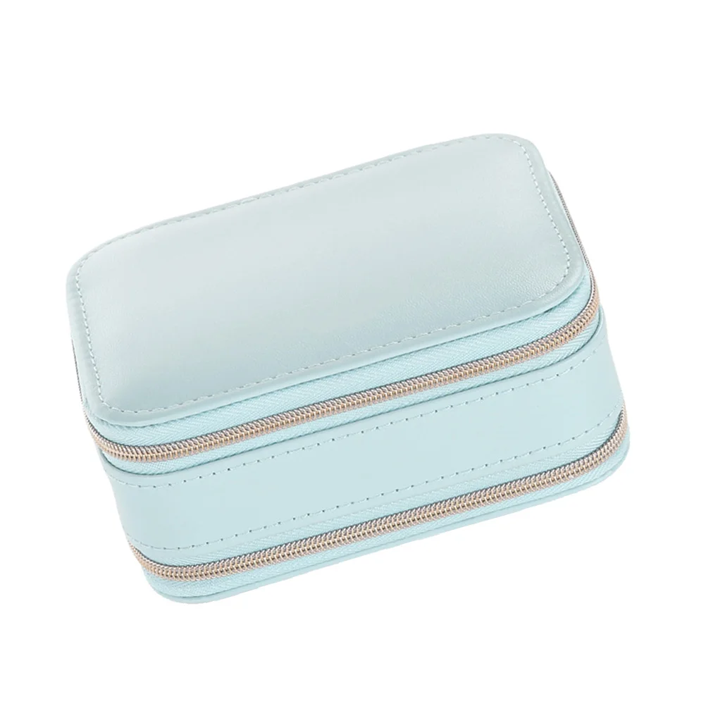 Portable Zippered Jewelry Box PU Multifunction Jewelry Case with Built-in Mirror for Women Girls (Light Blue)