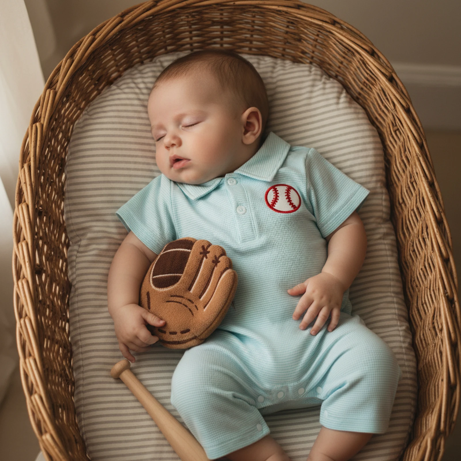 

Infant Baby Boy Romper Lapel Collar Short Sleeve Baseball Embroidery Upper Button Striped Jumpsuit