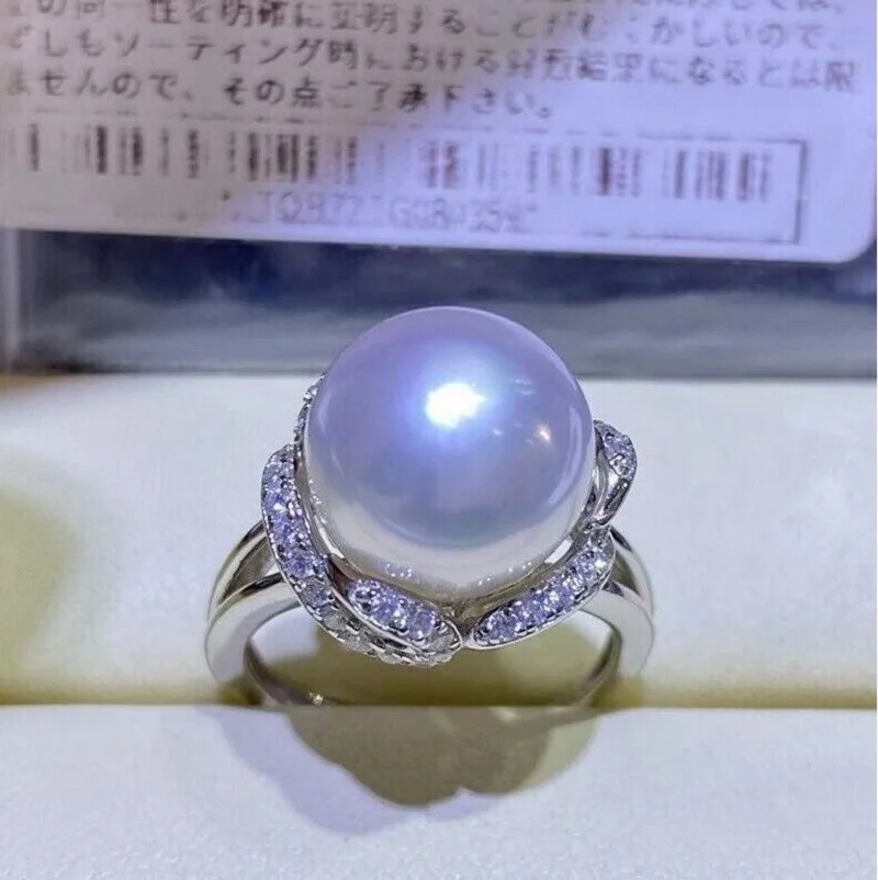 

oversized AAA 10-11mm genuine natural South China Sea white circular pearl ring 925s