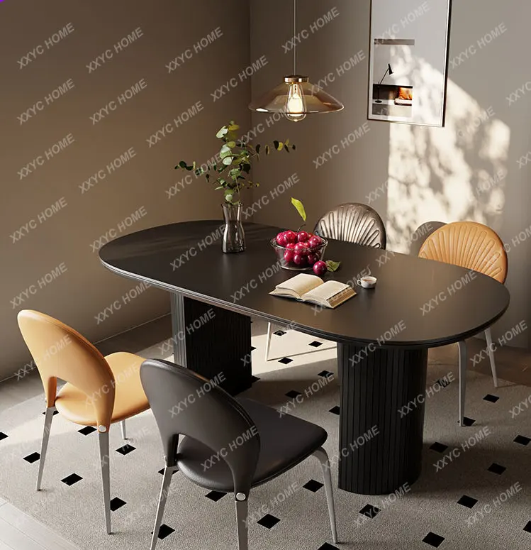 

Black Stone Plate Dining Table Oval Designer Creative Home Small Apartment Solid Wood Dining Table