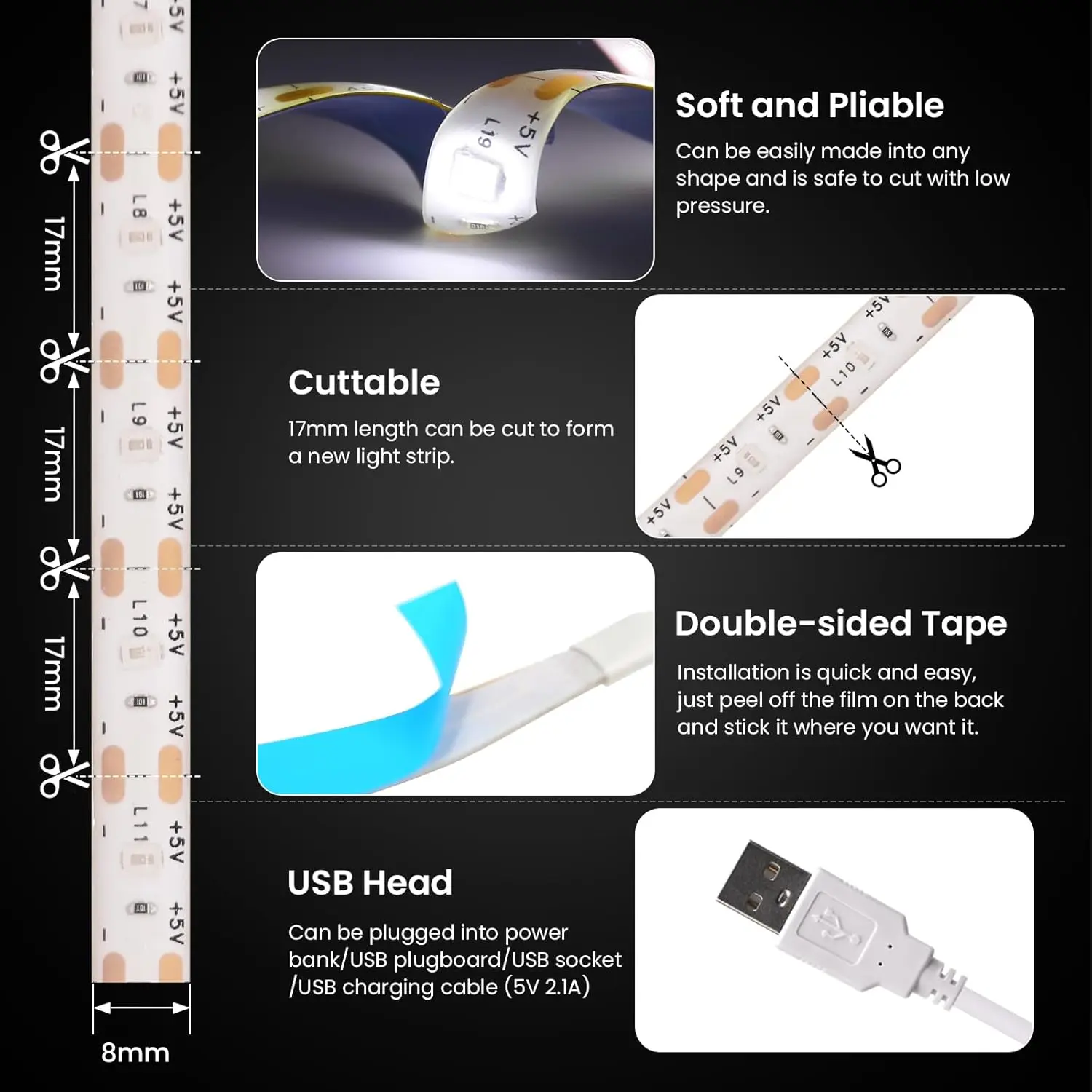 5V USB LED Strip With Switch SMD 2835 60LEDs/M Flexible Senson Light Tape Ribbon Backlight For Room Cabinet TV Lighting
