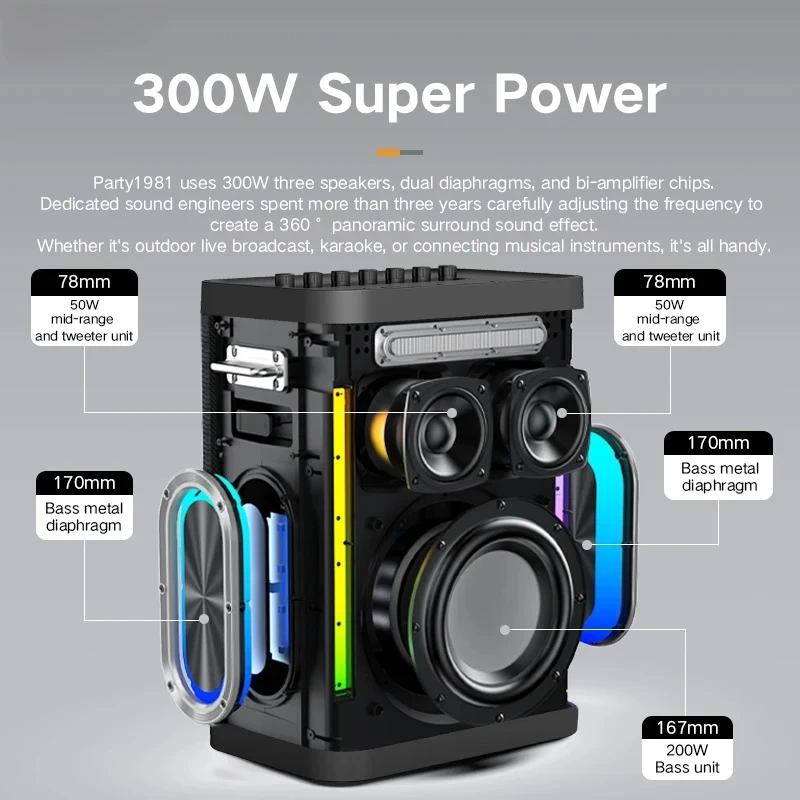 

Outdoor 300W RGB Lighting BT5.3 Karaoke Speaker Dual Microphone IPX5 Waterproof 10000mAh Battery For Mobile Phone