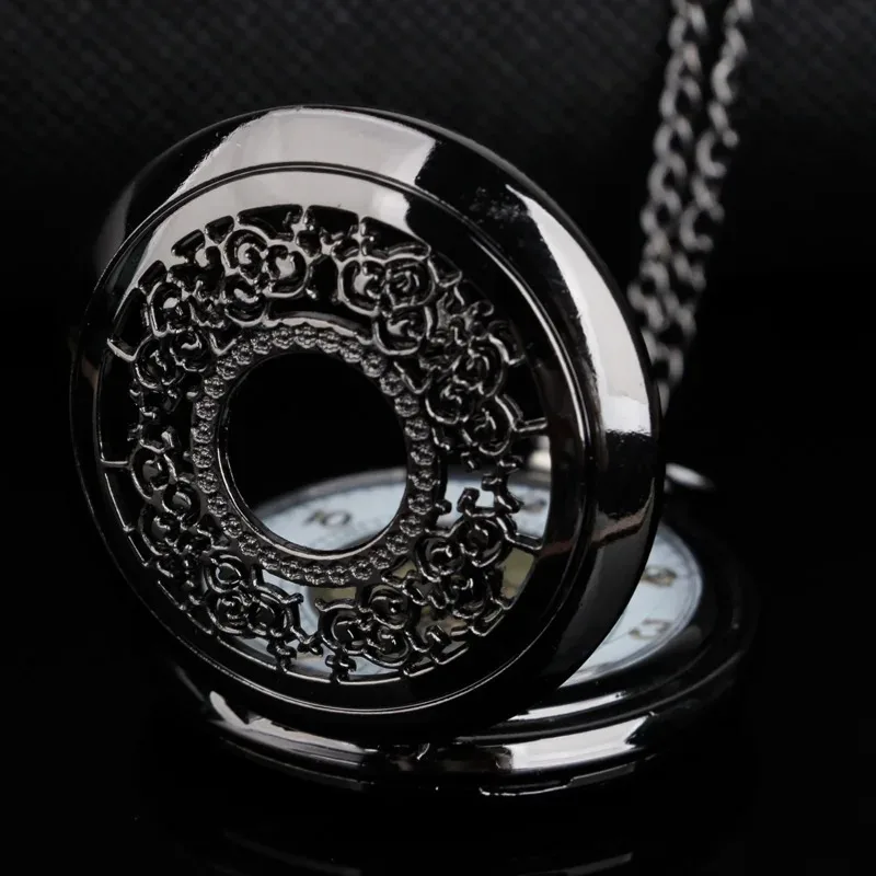 골드 할로우 꽃 검은 석영 주머니 시계 고품질 중립 목걸이 타이밍 펜던트 남성과 여성의 주머니 시계 Renoj