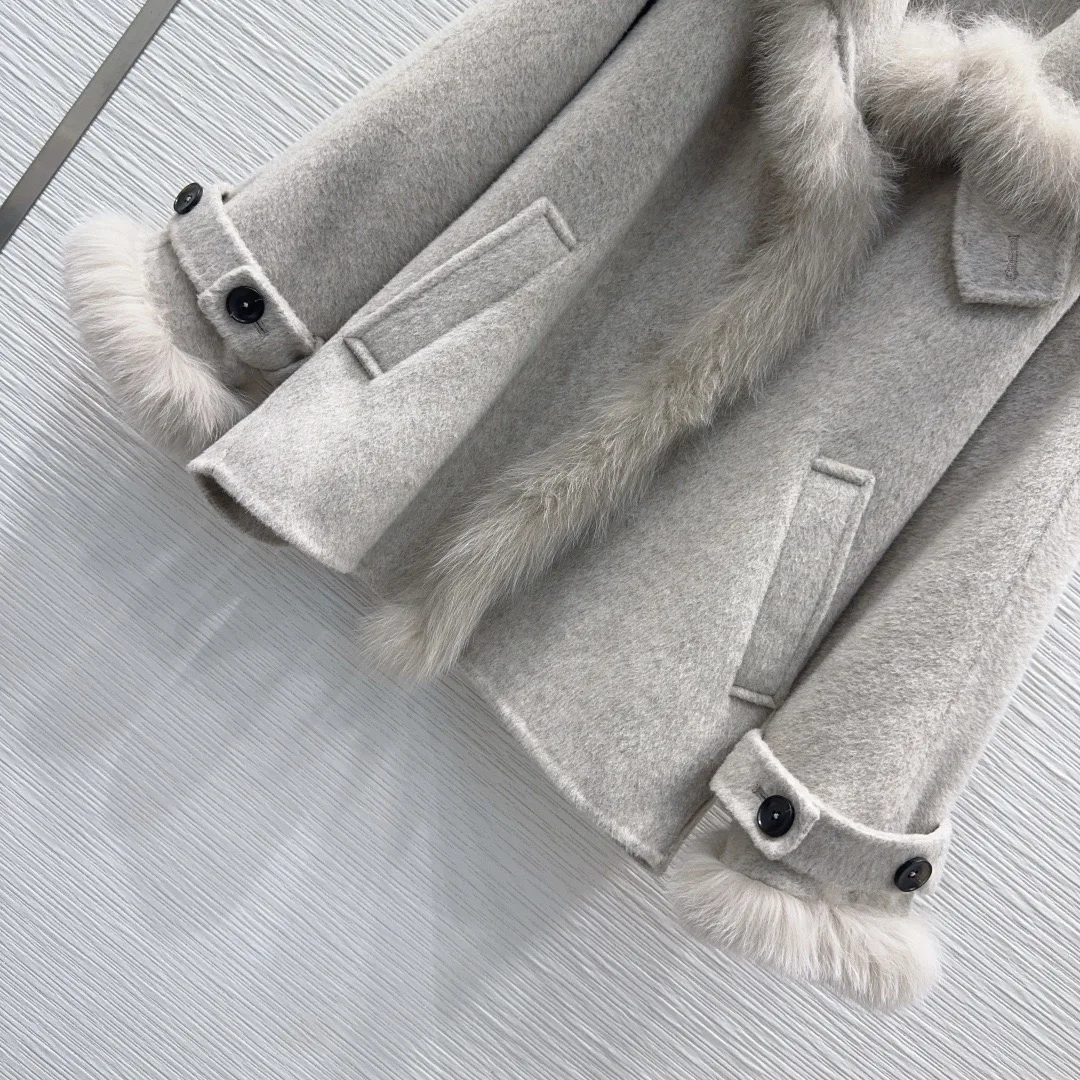 Women Double‑sided Cashmere Coat, 30% Cashmere + 70% Wool With Fox Fur, Handmade High Quality Elegant Fashion Urban Lady Queen‑l