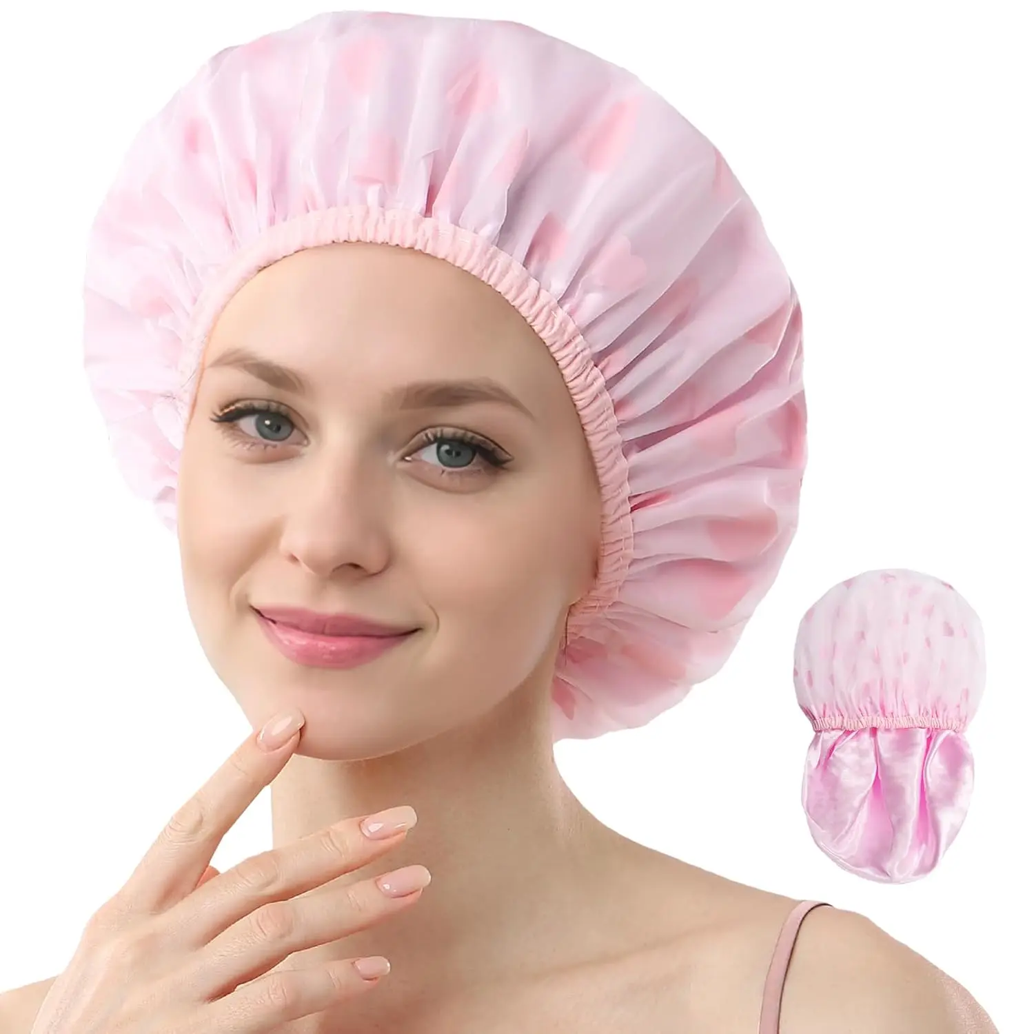

Shower Cap,Reusable Waterproof Shower Caps – Large Size for Women, Perfect for Long Hair (Pink heart)