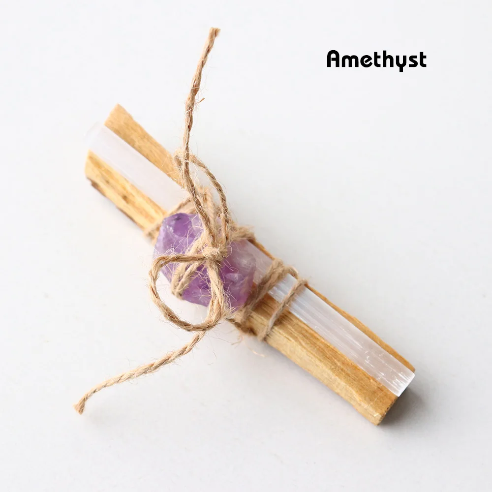 جوهرة طبيعية بيرو الخشب المقدس كريستال الحجر الخام مع السيلينيت حبل القنب ملزمة كريستال مجموعة هدايا مخصصة #6