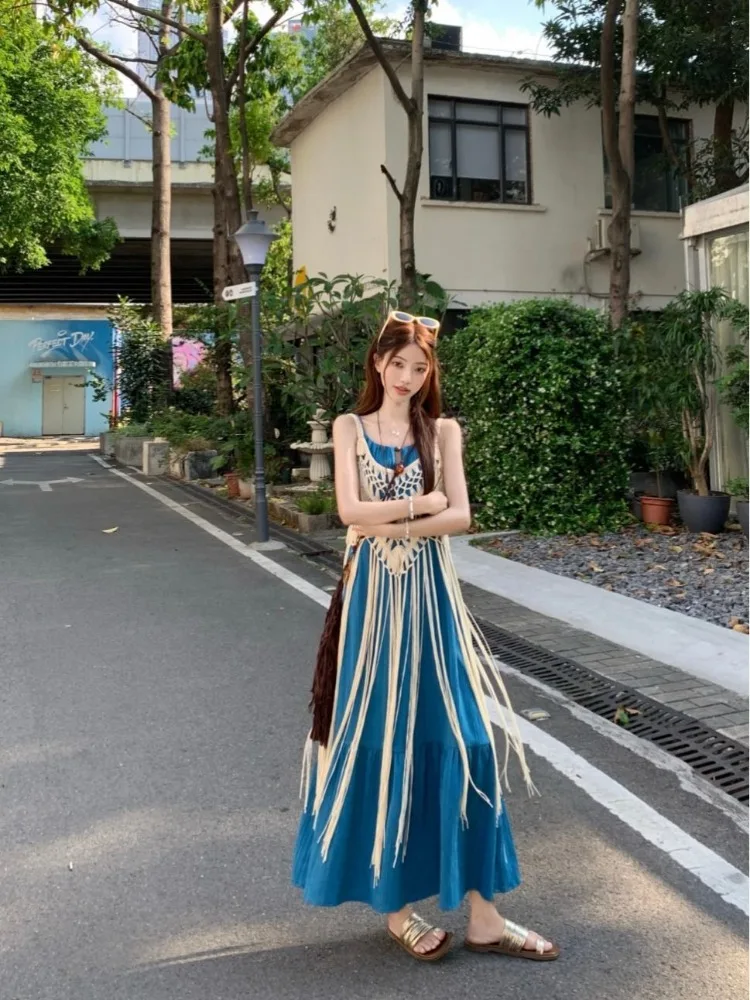 Sweet Vacation Beach Dress Sets Women Tassel Cover Up Vest Suspender Dress 2-piece Set Design All-match Long Dresses Outfits