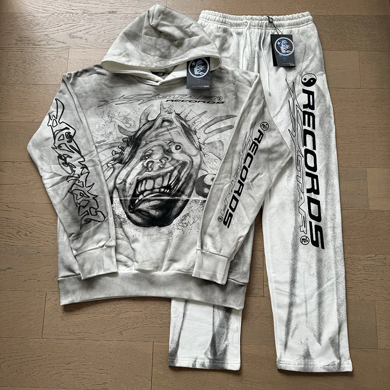 

Hell Star Emblem Printed Worn-In Hoodie And Straight Leg Pants Autumn Winter Trendy Streetwear Casual Sportswear Set for Youth