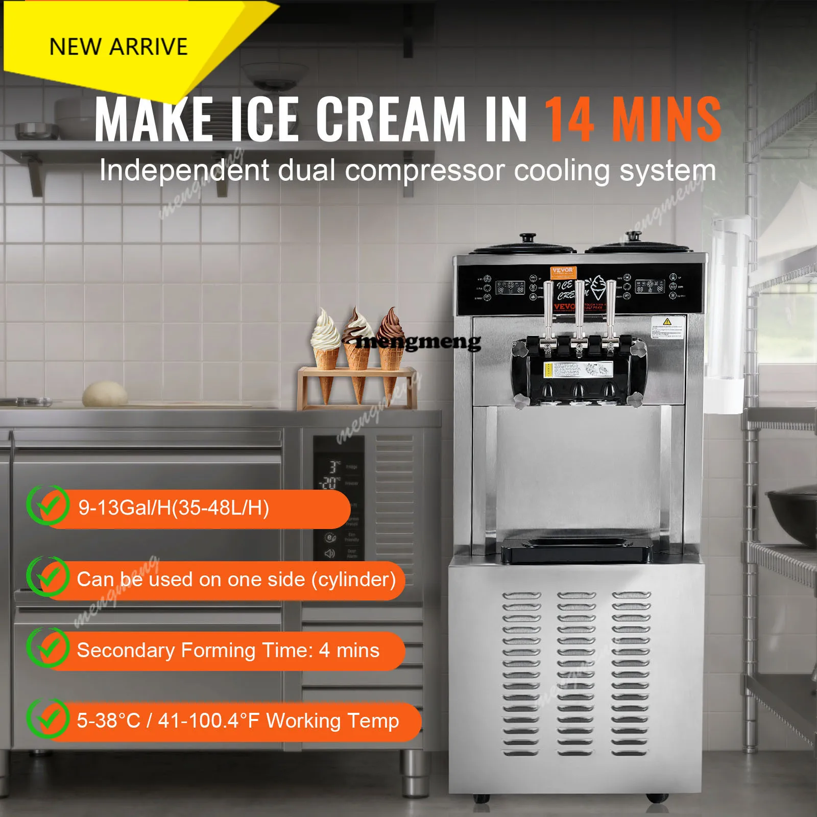 

Commercial Soft Ice Cream Machine 3 Flavors PreCooling LED Panel Allows Single Cylinder Use Overnight Refrigeration