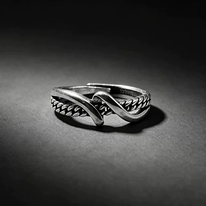 Thai Silver Faith Light Ring Vintage Distressed Braided Rings Unisex Open Size Finger Jewelry KOFSAC