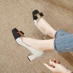 Metal Buckle Leather High Heels Spring  Autumn Cowhide Women's Shoes Soft Comfortable Work Shoes Pumps