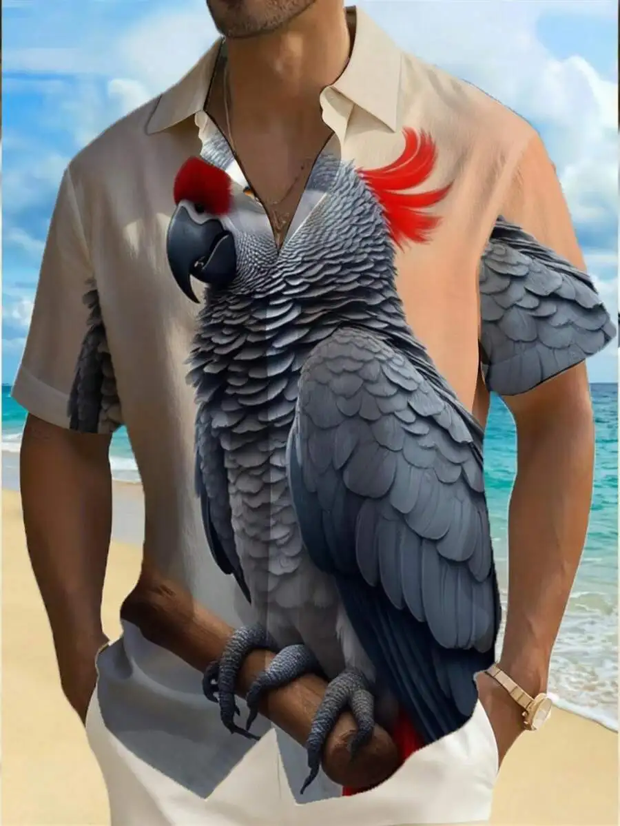 

3D Gray Parrot Print Hawaiian Shirt For Men Beach Vacation Casual Style