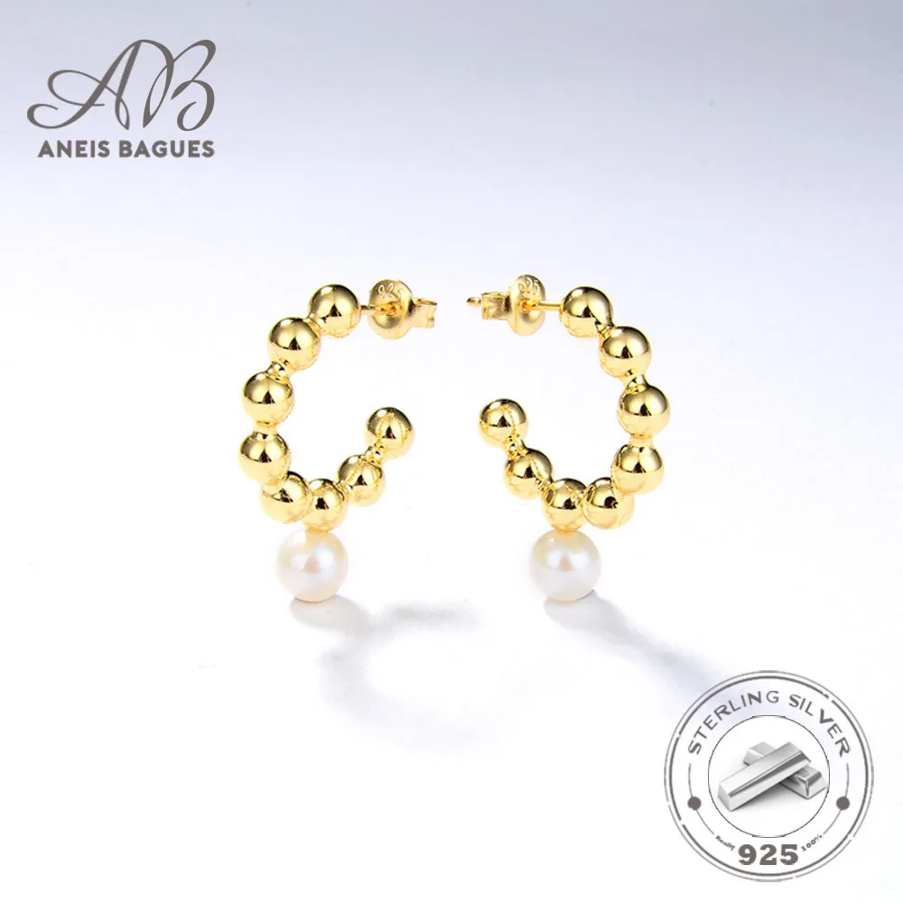 Aneis Bagues 925 Sterling Silver 18K Gold Plated Moon Shape Inlaid With Natural Freshwater Pearl Earrings For Women Fine Jewelry