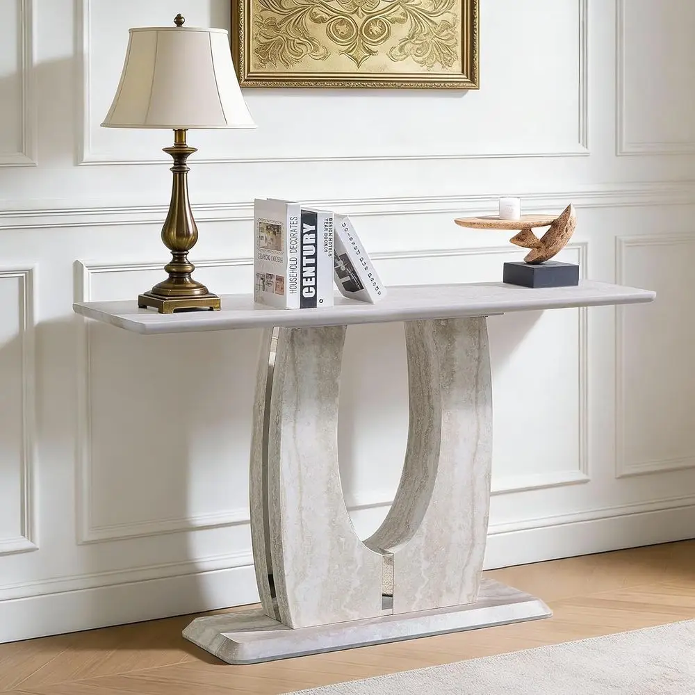 Modern Entryway Console Table, 55 Narrow Sofa Table with Faux Marble Pattern, U-Shaped Base for Living Spaces, Light Beige