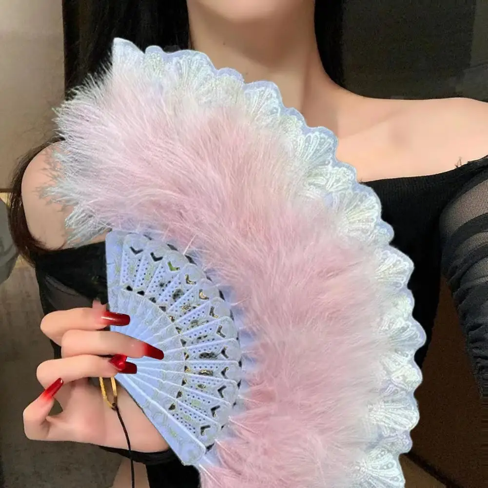 Women Lace Fan Elegant Vintage Lace Folding Fan with Feather Accents for Summer Parties Dance Performances Costume Accessories