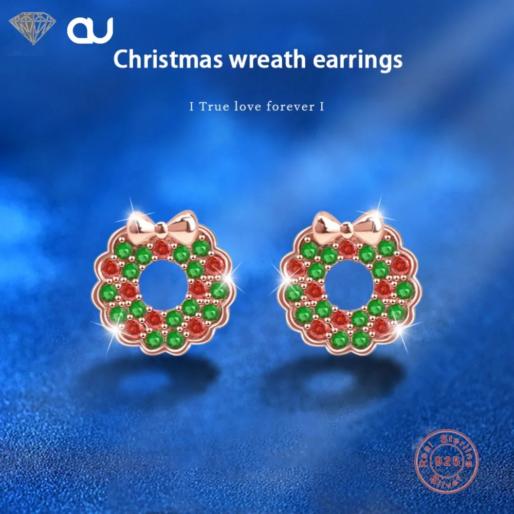 925 Sterling Silver Earrings for Women Colorful Stones Christmas Wreath Bow Party Gifts Fine Jewelry S925 Sterling Silver