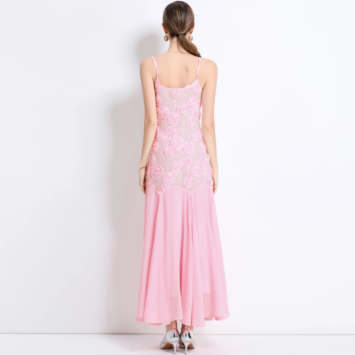 Summer French Elegant 3D Flower Reqiuns Long Prom Dress Women's Spaghetti Strap Sundress Blackless Evening Party Clothing