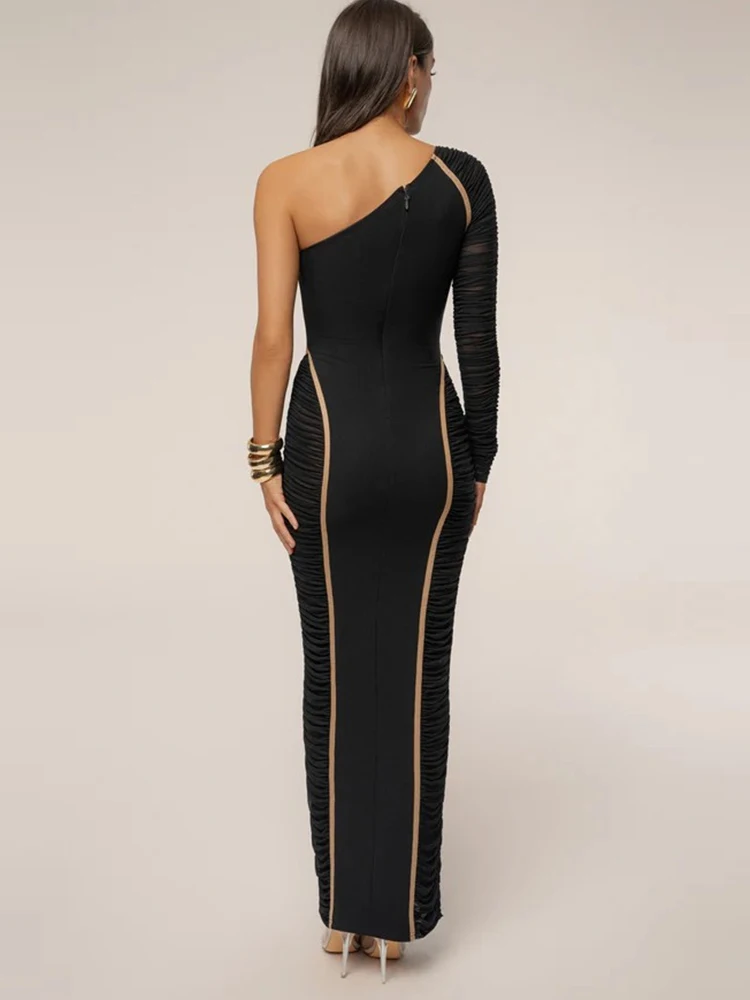 Elegancka sukienka maxi Sibybo z patchworkiem, odkrywająca ramiona, dopasowana, damska, seksowna, z asymetrycznym dekoltem, długim rękawem i odkrytymi plecami, idealna na wieczorne przyjęcia.