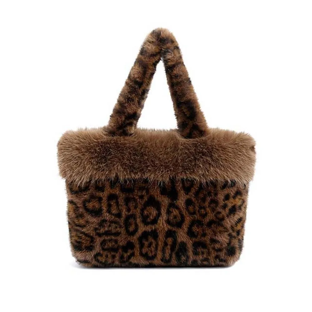 Large Capacity Leopard Handbag Animal Print Soft Faux Winter Shoulder Bag Thick Texture Top Handle Fuzzy Handbag Daily Shopping