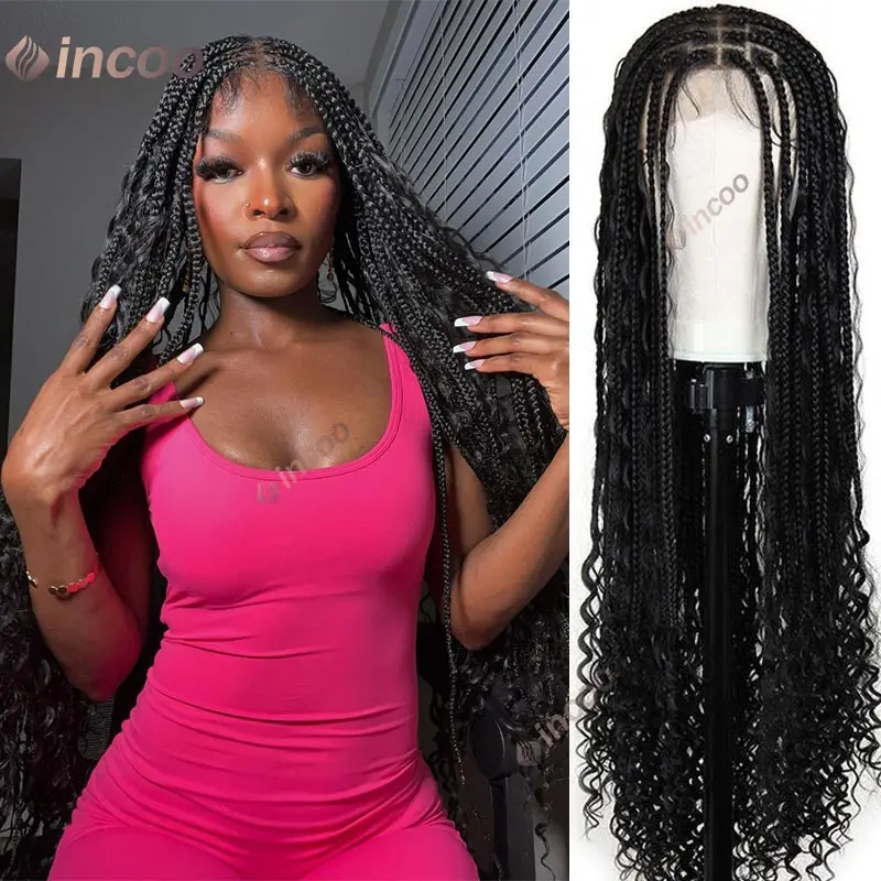 Boho Braided Wig Bohemian Box Braids Wig Synthetic Full Lace Wigs Goddess Braids Curly End Knotless Box Braiding Wig for Women