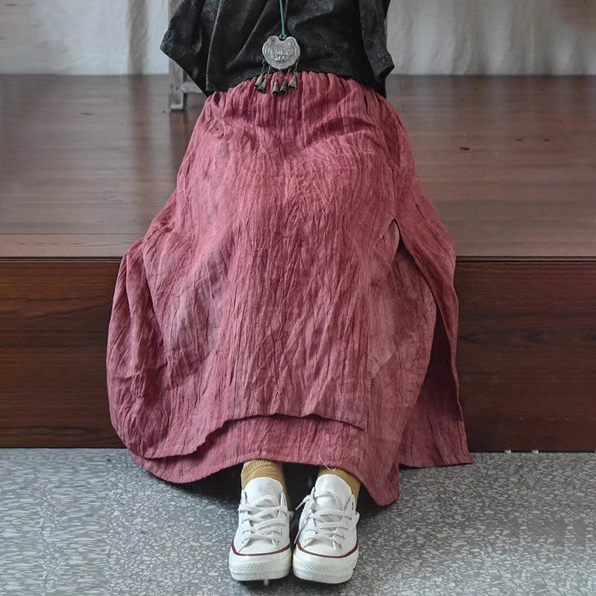 

Women layered Leisure Midi Long Skirt Elastic Waist Vintage Retro Linen straight-leg dyeing Texture Half-body Skirt with Pockets