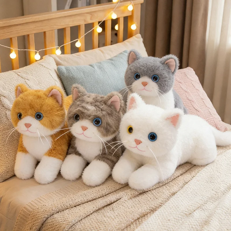 6 Styles Realistic Lying Cat Plush Pillow Fluffy Smiling Kitten Long Stuffed Cushio Pet Cat Sofa Bed Decor Soft for Gifts.