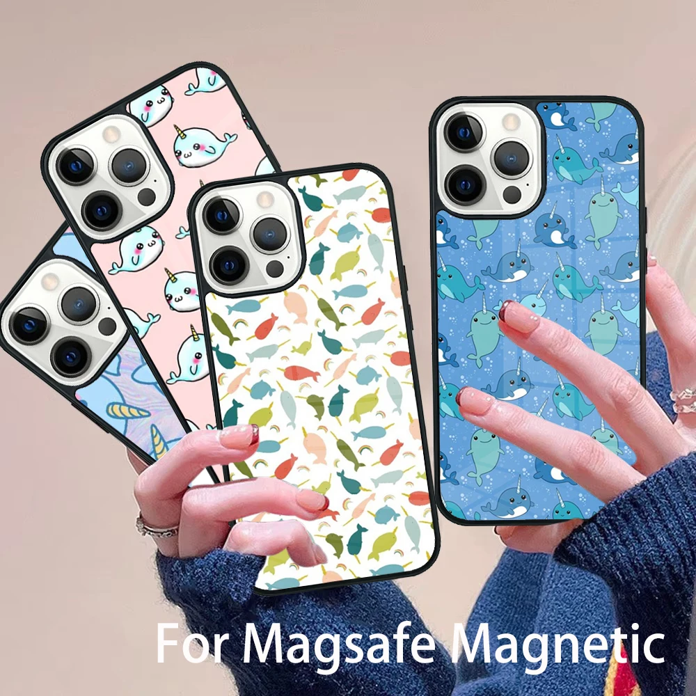 

Kawaii Narwhal Collage Phone Case Magesafe Magnetic Wireless Charge Cover For IPhone 16 11 12 13 14 15 Pro Max Plus Mini