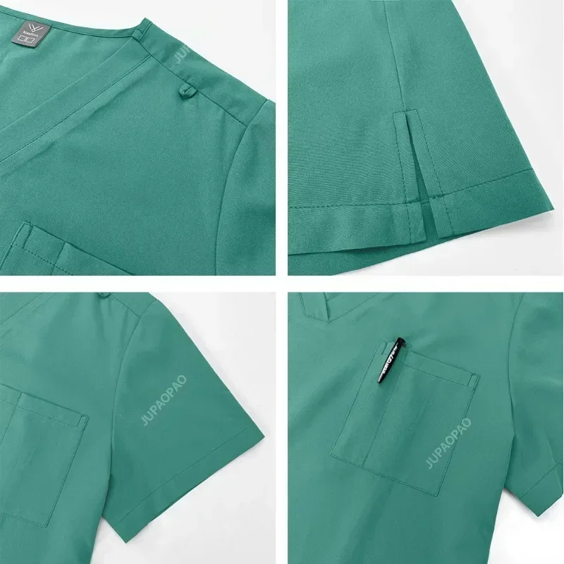 Manga curta Bocador Ternos Doutor Enfermagem Uniformes, V-Neck Tops, Calças de bolso, Enfermeira Scrubs Set, Roupas Clínicas Médicas, Primavera