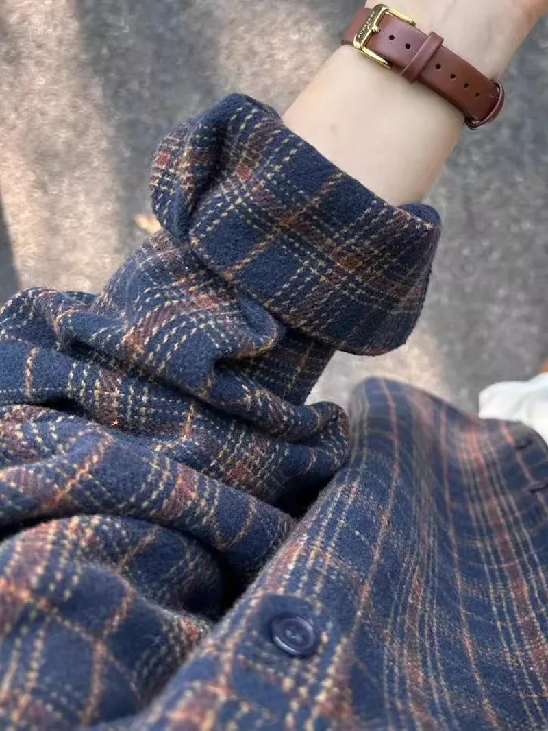 Camicia scozzese in cotone spazzolato, nuovo stile per donna, camicia retrò di fascia alta, top a strati, cappotto sottile autunnale e invernale