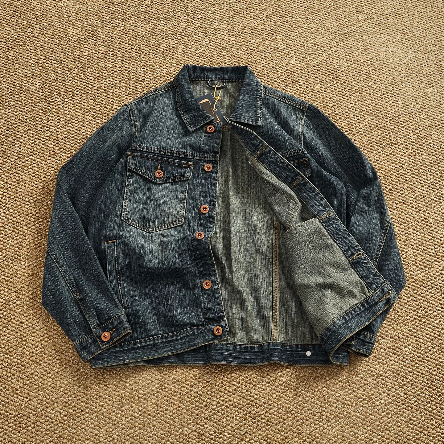 

Мужская джинсовая куртка в стиле ретро, плотная, с эффектом потертости, свободного кроя, с отложным воротником, рабочая куртка, весенне-осенняя верхняя одежда