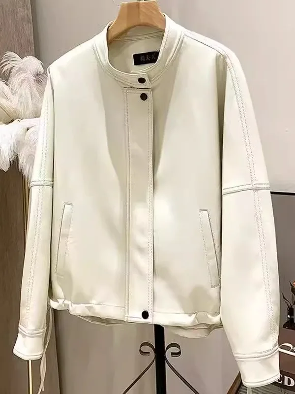 

Женская кожаная куртка Ning из натуральной овчины, новая коллекция Весна 2025, с воротником-стойкой, свободного кроя, маленький размер