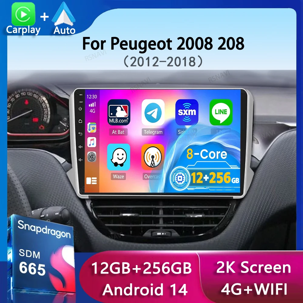 

Автомобильное радио Android 14 Carplay для Peugeot 2008 208 Мультимедийная система 2012-2018 Навигация GPS Мультимедийный плеер WiFi + 4G стерео