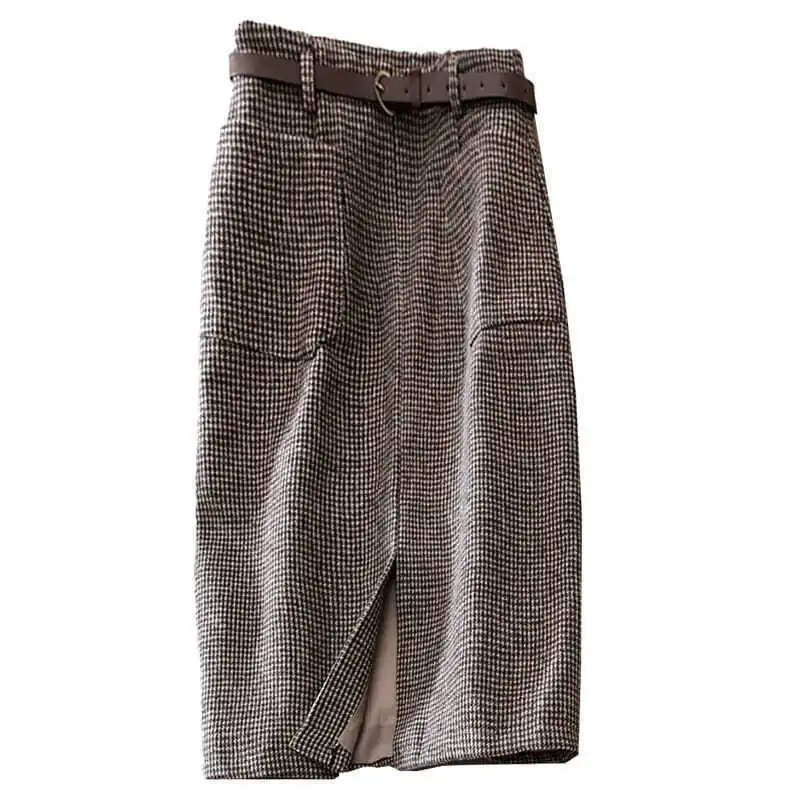 Koreaanse Mode Herfst Winter Vrouwen Effen Wollen Houndstooth Ritszakken Hoge Taille Split Chic Slim Midi A-lijn Hip Wrap Rok