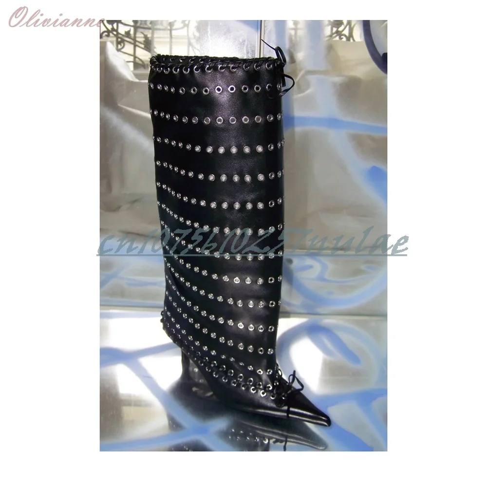 

2025 Spring Hollow Round Rivets Decor Mid Calf Boots Pointy Runway Style Sexy Hot Stiletto High Heel Women Shoes Para Mujere