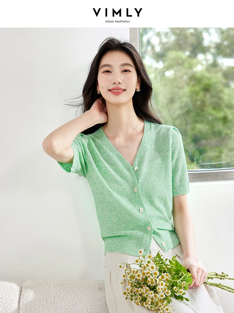 VIMLY Women Vintage V-Neck Short Sleeve Knitted Cardigan Summer Fashion Solid Color Thin Knit Top Simple Casual Clothing