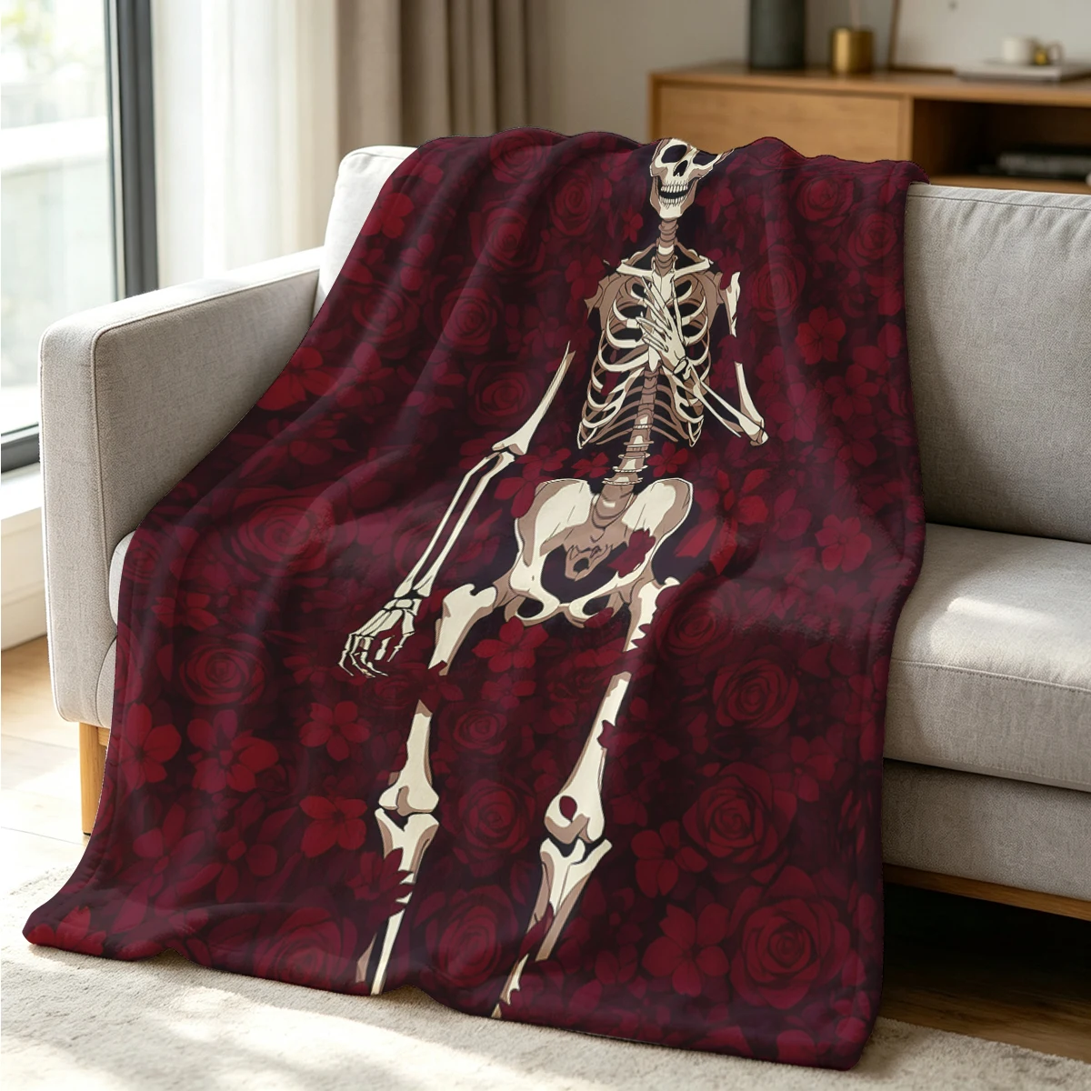 Rose Bones Flannel Blanket Warm Soft Halloween Christmas Couch Warm Cozy Decorative Decor Gift for All Season