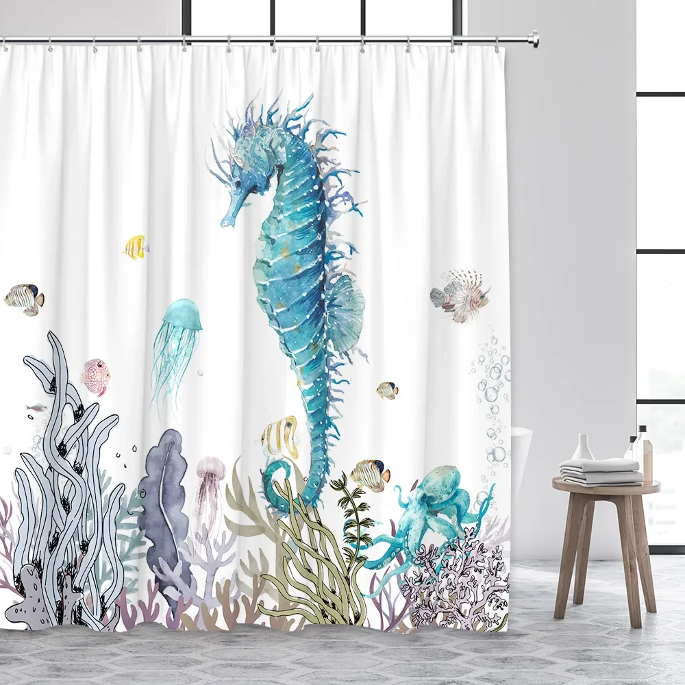 Sea Turtle Shower Curtains Watercolor Sea Animals Tropical Fish Coral Seaweed Modern Printing Fabric Bathroom Curtain Decor Sets